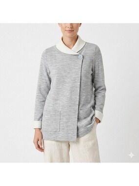 JONES & CO. Merino Wool Blend One Button Cardigan Grey & Cream Patch Pockets SzL
